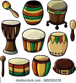 Vector set of drums and tambourines, cartoon style, drum tambourine, Tambourine, Dhol, Dumbek, Buk, Taiko, Bangu, Ashiko, Bugarabu, Djembe, Atabake, Ashiko, Bongo, musical instrument, drum, traditions