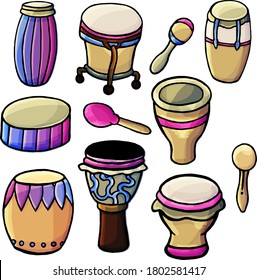 Vector set of drums and tambourines, cartoon style, drum tambourine, Tambourine, Dhol, Dumbek, Buk, Taiko, Bangu, Ashiko, Bugarabu, Djembe, Atabake, Ashiko, Bongo, musical instrument, drum, traditions