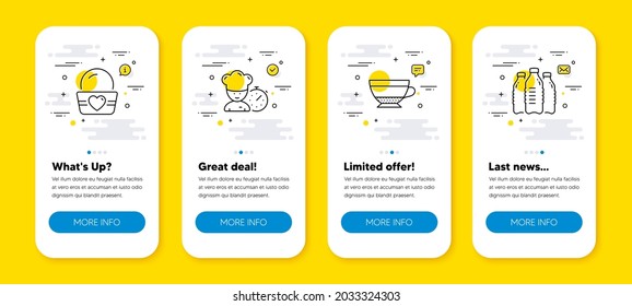 Vector set of Dry cappuccino, Chef and Ice cream line icons set. UI phone app screens with line icons. Water bottles icon. Beverage mug, Food time, Sundae cup. Aqua drinks. Phone UI banners. Vector