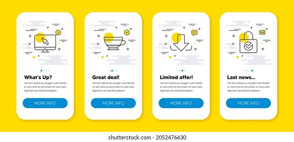 Vector set of Dry cappuccino, Download and Internet line icons set. UI phone app screens with line icons. Password encryption icon. Beverage mug, Load file, Monitor with cursor. Vector