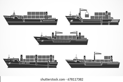 Vector set of dry cargo ships, container ships. Black silhouettes. Please see other sets of ships.