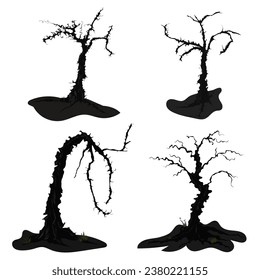 Vector set of dry trees without leaves with autumn grass on the roots and ground. Dead branched trees for Halloween illustrations. Eps 10.