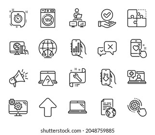 Vector set of Dryer machine, Laptop and Cogwheel settings line icons set. Download app, Online shopping and Online question icons. Settings, Heart rating and Medical help signs. Vector