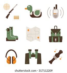 Vector set of duck hunt symbols. Hunting, shooting gear icons. Unique and modern flat set isolated on white background.