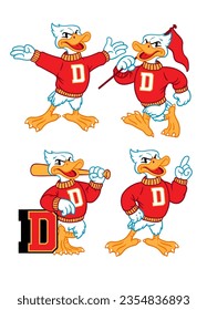 Vector Set of Duck Sport Mascot in Vintage Retro Hand Drawn Style