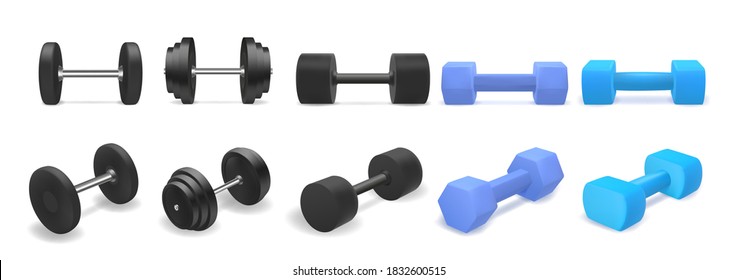 Vector set of dumbbells isolated on white background. Realistic 3d objects for gym or fitness. Blue and black dumbbell