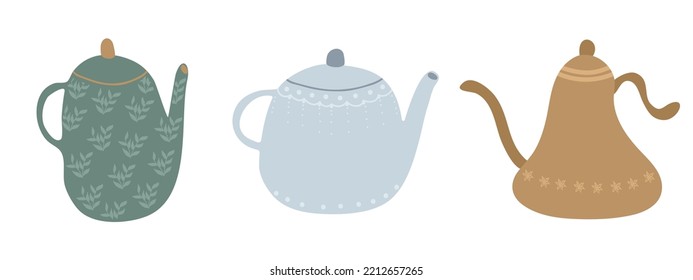 Vector set of dummies. Kitchen Utensils Teapot Cartoon Illustration Flat Vector Teapot Set. Kitchen utensils. Household appliance for brewing tea. Elements for advertising