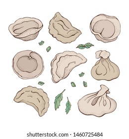 Vector set of dumplings with spice. Cartoon hand drawn Ravioli. Vareniki. Pelmeni. Meat dumplings. Food. Cooking. National dishes. Products from the dough and meat