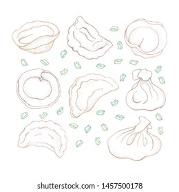 Vector set of dumplings with spice. Sketch hand drawn Ravioli. Vareniki. Pelmeni. Meat dumplings. Food. Cooking. National dishes. Products from the dough and meat