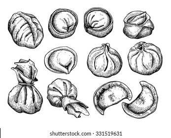 Vector set of dumplings. Vintage sketch illustration. Hand drawn