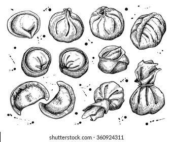 Vector set of dumplings. Vintage sketch illustration. Hand drawn