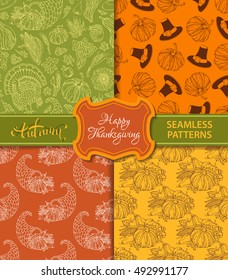 Vector set of duotone seamless Thanksgiving patterns. Corn, horn of plenty, grape, pilgrim's hat, pumpkin, turkey, wheat, autumn leaf, sunflower, apple. Boundless hand-drawn harvest backgrounds.