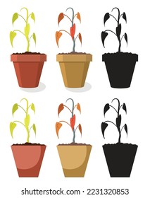 vector set of dying home plants isolated on white background. dry soil makes pot plant to wilt and become dead. symbols of dying flower