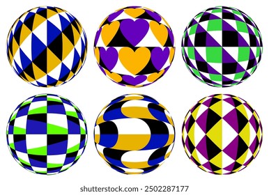 Vector set of dynamic balls with different colorful patterns. Flat spheres with optical illusion as if they are moving.