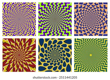 Vector set of dynamic circular patterns. Eye-catching backgrounds with optical moving effect.