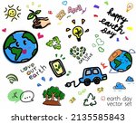 Vector set of earth day celebrations, hand drawn doodle of earth, electric car, green love, leaves, wifi icon, smartphone, idea lamp, recycle icon, and more. Colorful doodle in white background. 