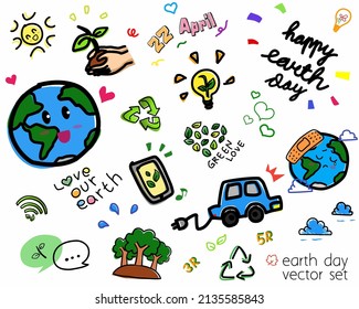 Vector set of earth day celebrations, hand drawn doodle of earth, electric car, green love, leaves, wifi icon, smartphone, idea lamp, recycle icon, and more. Colorful doodle in white background. 