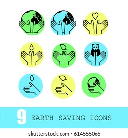 Vector set of Earth saving icons in flat style. Earth Day. Colorful background.