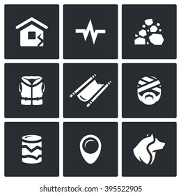 Vector Set of Earthquake Icons. Destruction, Seismic Activity, Rock Collapse, Lifeguard, Evacuation, Victim, Geological prospect. Operational Rescue Service of the earthquake and building collapse