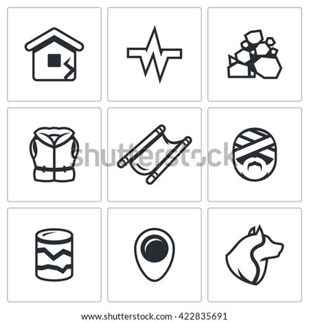 Vector Set of Earthquake Icons. Destruction, Seismic Activity, Rock Collapse, Lifeguard, Evacuation, Victim, Geological prospect. Operational Rescue Service of the earthquake and building collapse