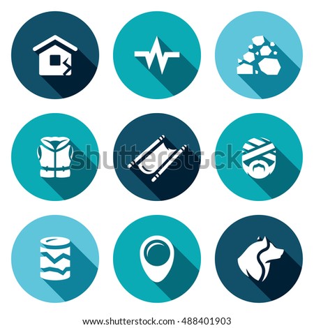 Vector Set of Earthquake Icons. Destruction, Seismic Activity, Rock Collapse, Lifeguard, Evacuation, Victim, Geological prospect