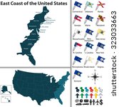Vector set of East Coast of the United States with flags and map on white background