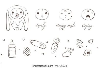 Vector set of easter baby bunny with icons