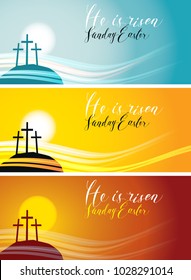 Vector set of Easter banners with handwritten inscriptions He is risen, Sunday Easter, with mount Calvary and crosses at sunset