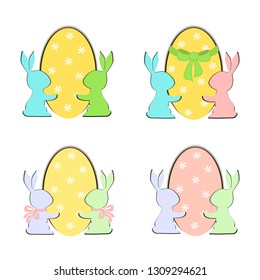 Vector Set of Easter Bunnies with Easter Eggs