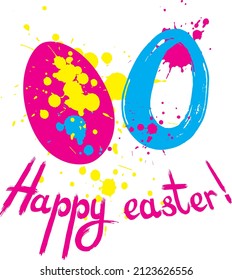 Vector set for easter card, poster, package design. Colorful pink, yellow, blue eggs , splashes and lettering. Creative, art, fun holiday style.
