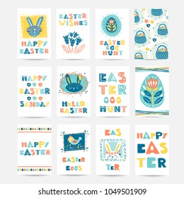 Vector set of  Easter cards with rabbit, chicken, holiday lettering, eggs, flowers,  basket. Perfect for holiday spring greetings, prints, placards