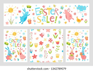 Vector set of easter cards for sale. Cute funny animals. Hand drawn flat cartoon elements: eggs, gift box, willow, flowers, bunny and chickens. Isolated on white. Kids illustration. Pencil texture.