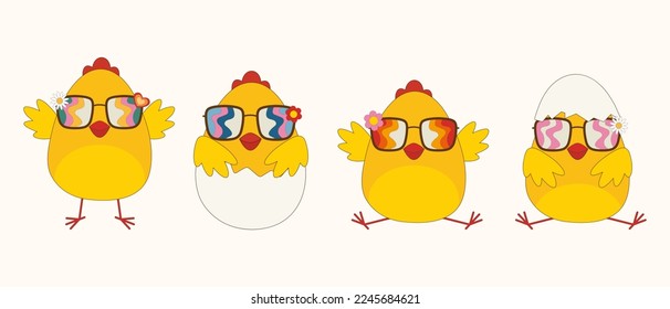 Vector set of easter cartoon chicks. Easter chicks in groovy hippie style.Design for t-shirts,posters,cards,print. Trendy retro 60s, 70s