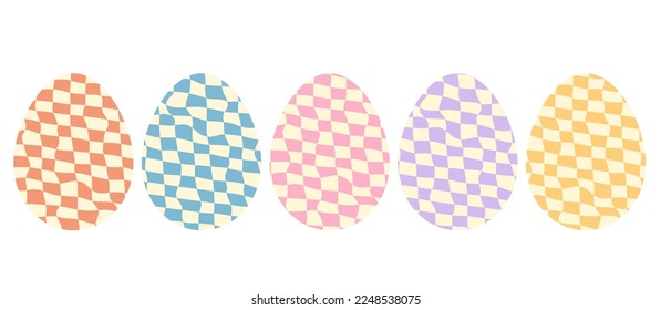 Vector set of easter cartoon eggs. Easter eggs in groovy hippie style.Design for t-shirts,posters,cards,print. Trendy retro 60s, 70s