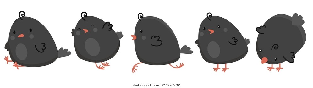 Vector set for easter celebration. Cute little black chickens. Vector baby illustration. Chicks on a white background