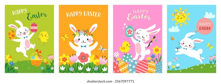 Vector set of Easter colorful templates for greeting cards, paper bags, packaging, posters, cover, banners with bunnies, chicks, Easter eggs and spring flowers in flat cute cartoon style.