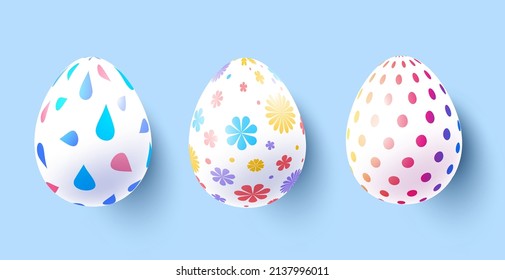 Vector set of easter decorative colored egg for greeting card, banner on blue color background. Happy easter holiday illustration with different painted eggs with shadow