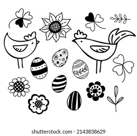 vector set of easter doodle illustrations with eggs, leaves and flowers 