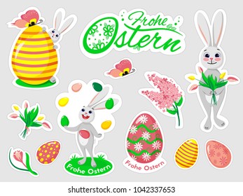 Vector set of Easter doodles. Easter bunny with eggs, flowers and lettering in german.