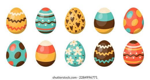 Vector set of easter eggs. 3D easter collection in red, yellow, green and brown. Egg hunt.