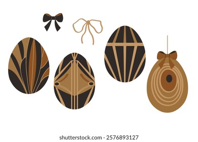 Vector set with Easter eggs and bows in Art Deco style. Stylish decorative decor for Christian spring Paschal holidays. 
Hand drawn festive elements for design, wrapping paper, flyer, card, poster