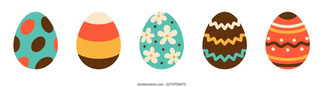 Juego de vectores de huevos de Pascua. Colección de Semana Santa en diseño plano. Caza de huevos. Huevos con olas, líneas, círculos y flores.