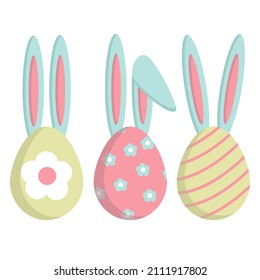 Vector set of Easter eggs. Set of cute Easter bunnies. Vector illustration of Easter eggs with rabbit ears. Collection of Easter elements for your design.