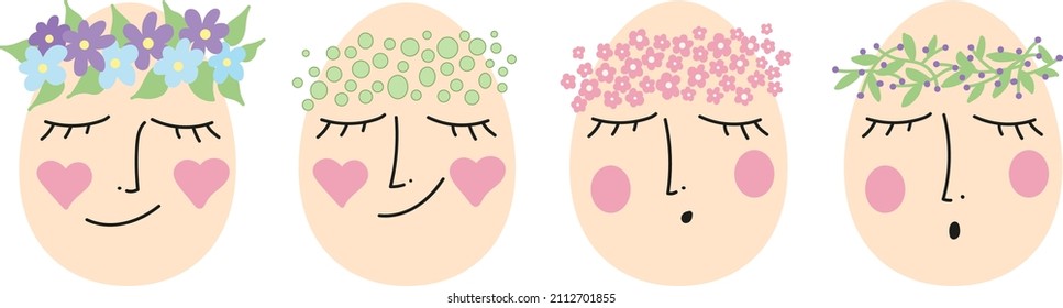 Vector set of Easter eggs with cute girlish faces in floral wreaths. Vector illustration for postcards, posters, decor, tableware and stationery.