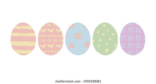 Vector set of easter eggs in delicate colours. Eggs illustration in pink, green, yellow and blue colors with ornament for decor, souvenirs, greeting card design