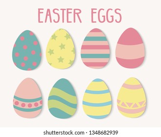 Vector set of easter eggs design on white background. Pastel colorful easter eggs with decoration patterns. Holidays concept.