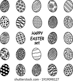 vector set with Easter eggs with different decor in black white color and lettering happy easter set