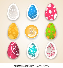 Vector set of Easter eggs different colors and pattern cut from paper on the gradient background and shadows.