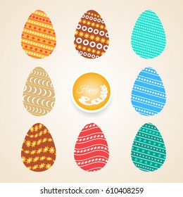 Vector set of Easter eggs different colors and patterns on the light gradient background.