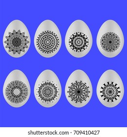 Vector Set of Easter Eggs with Different Ornaments Isolated on Blue Background